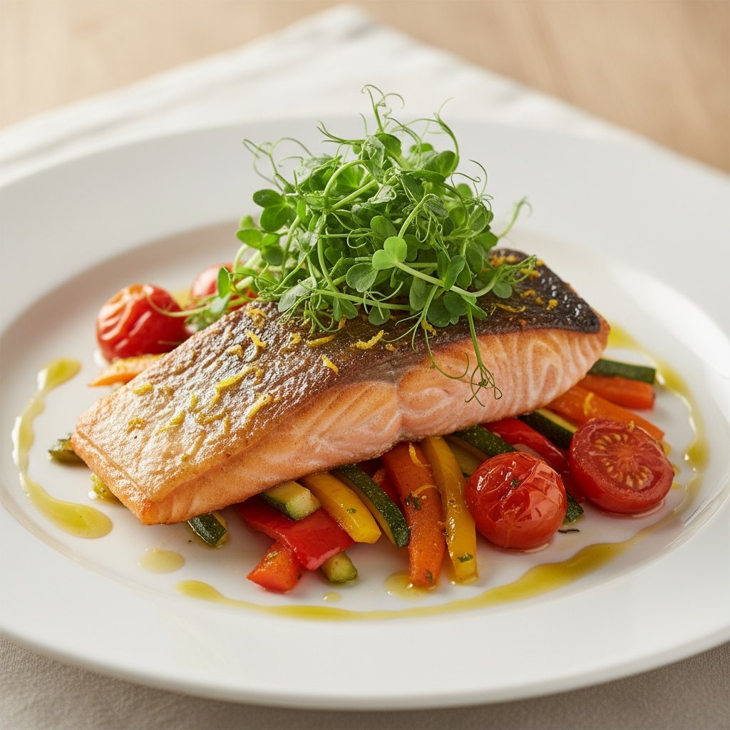 Somon la cuptor cu legume și microplante de mazăre