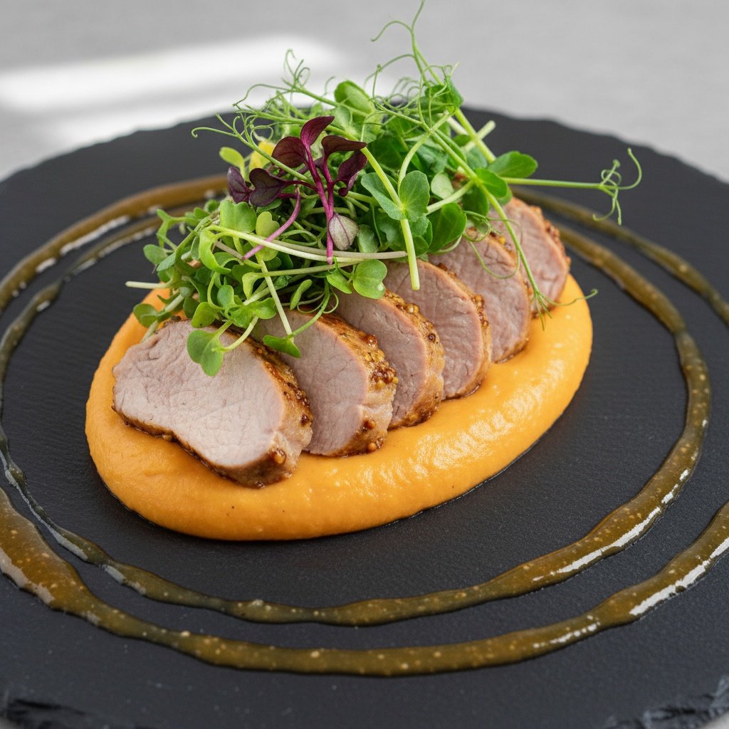 Mușchi de porc glazurat cu miere și muștar, piure de cartofi dulci și microplante Hy-Farm