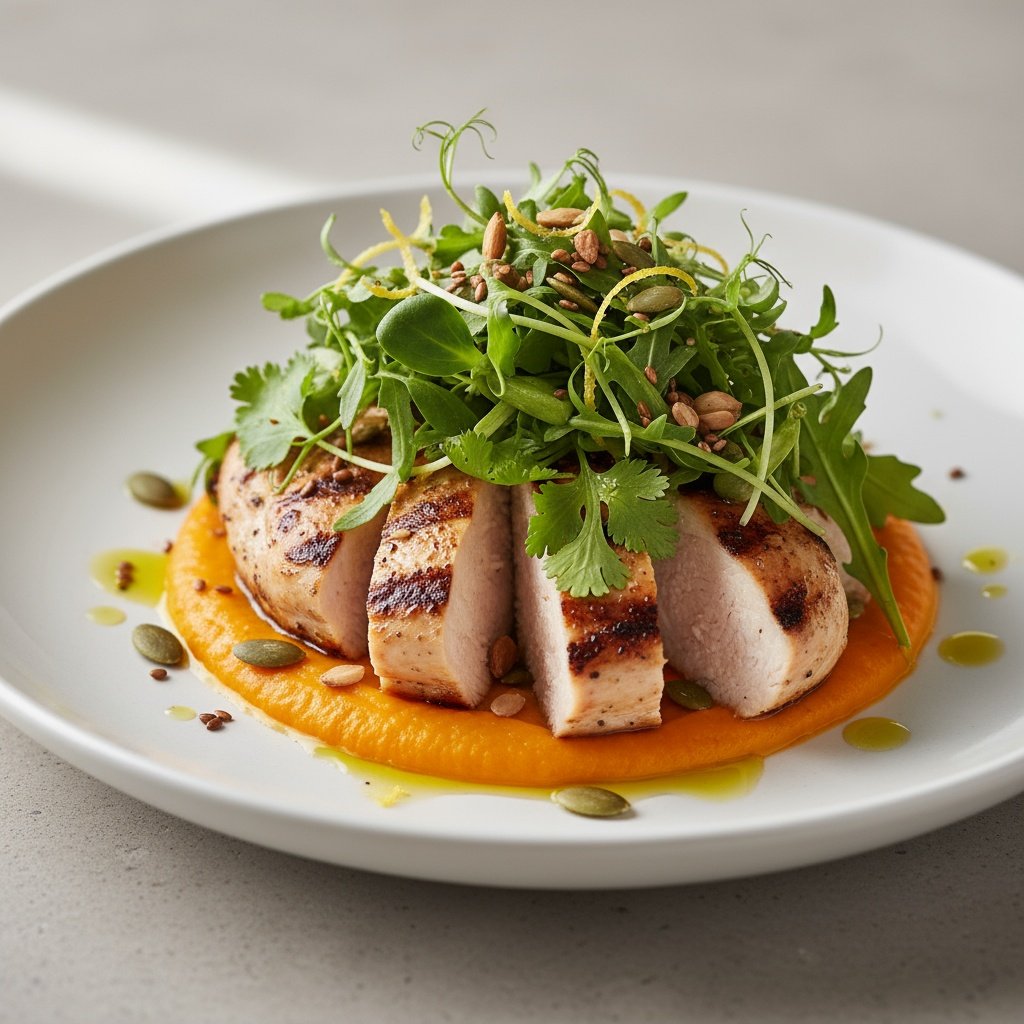 Piept de pui la grătar cu piure de morcov și microplante Hy-Farm